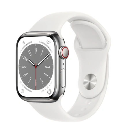 Apple Watch Series 8 GPS + Cellular 41mm Silver Stainless Steel Case with White Sport Band - M/L (MNJ53, MNV82)