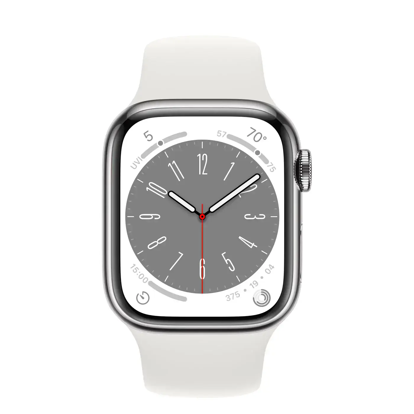 Apple Watch Series 8 GPS + Cellular 45mm Silver Stainless Steel Case with White Sport Band - Regular (MNKE3)