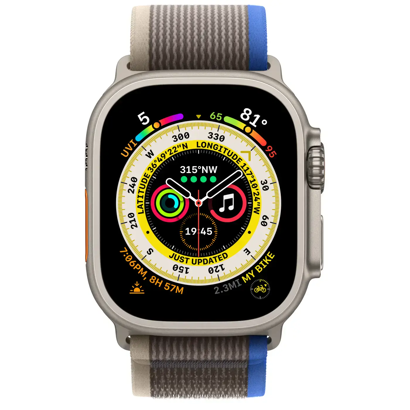 Apple Watch Ultra GPS + Cellular 49mm Titanium Case with Blue/Gray Trail Loop - M/L (MQF33, MQFV3)