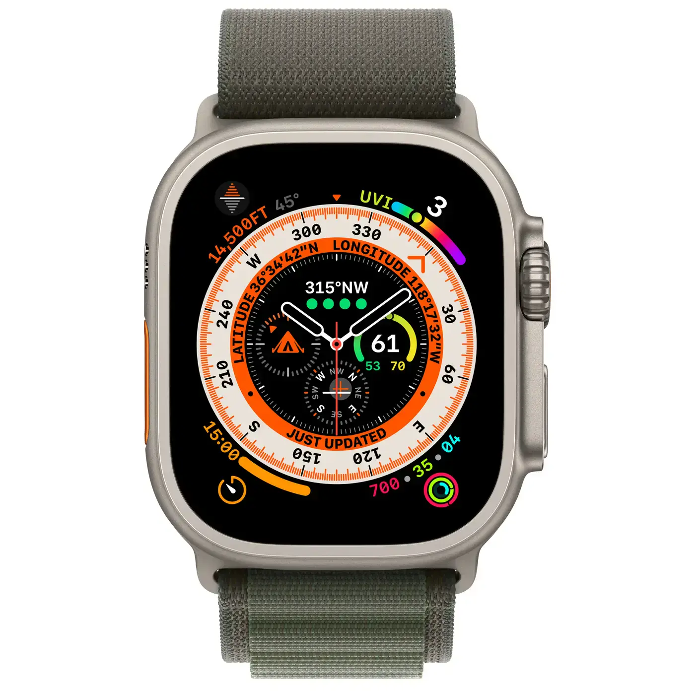 Apple Watch Ultra GPS + Cellular 49mm Titanium Case with Green Alpine Loop - Small (MNHC3, MNHJ3)