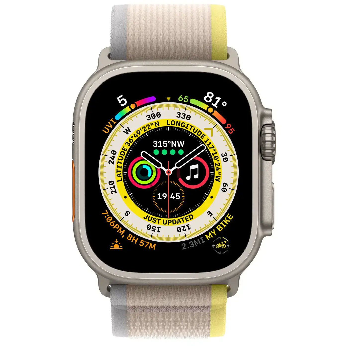 Apple Watch Ultra GPS + Cellular 49mm Titanium Case with Yellow/Beige Trail Loop - S/M (MNHD3, MNHK3)