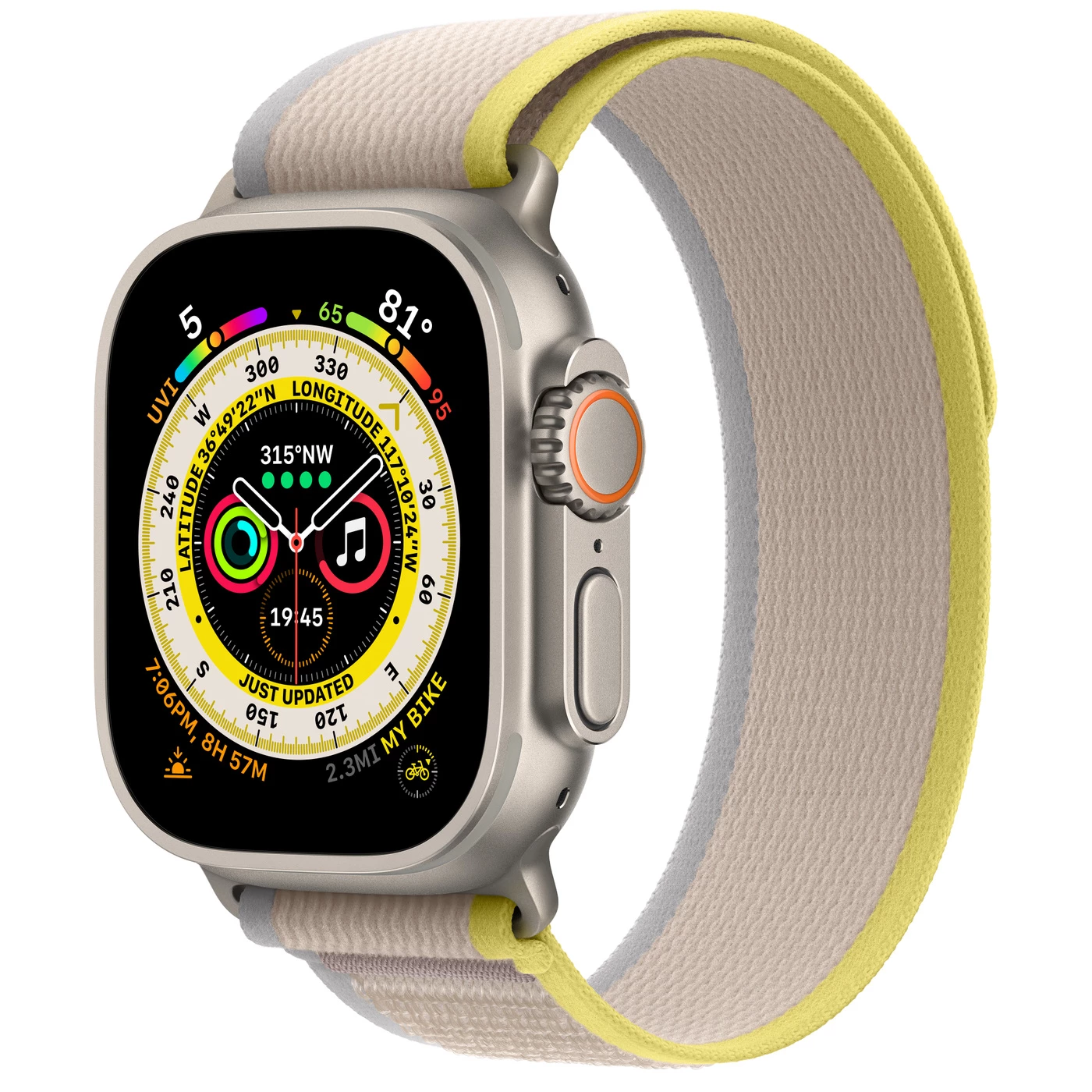 Apple Watch Ultra GPS + Cellular 49mm Titanium Case with Yellow/Beige Trail Loop - M/L (MQF23, MQFU3)