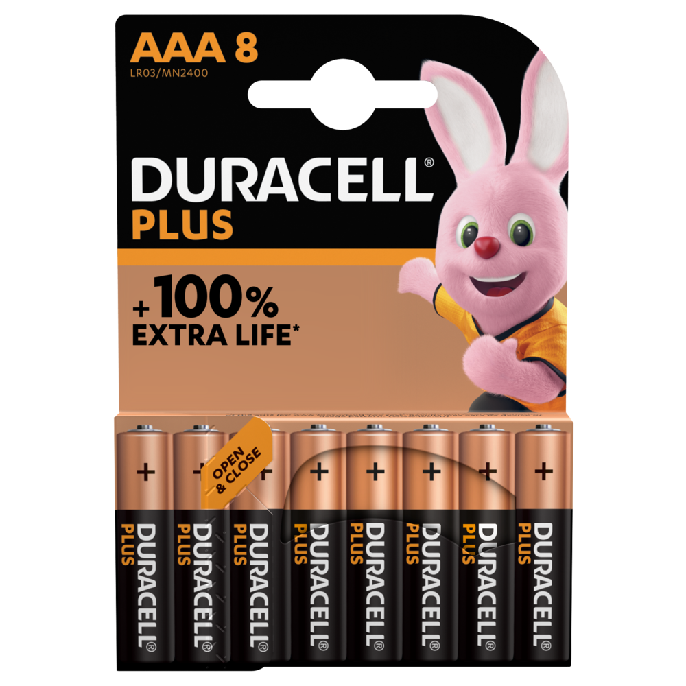 Щелочные батарейки Duracell Plus AAA Alkaline Batteries +100% EXTRA LIFE [Pack of 8] 1,5V LR03/MN2400 (5000394141179)