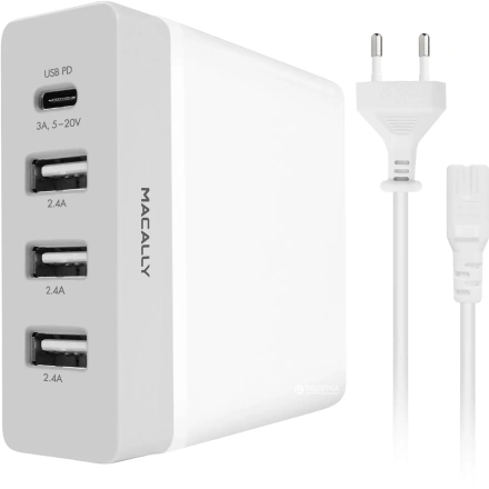 Сетевое зарядное устройство Macally с USB-C портом и тремя USB-А портами - White (HOME72UC-EU)