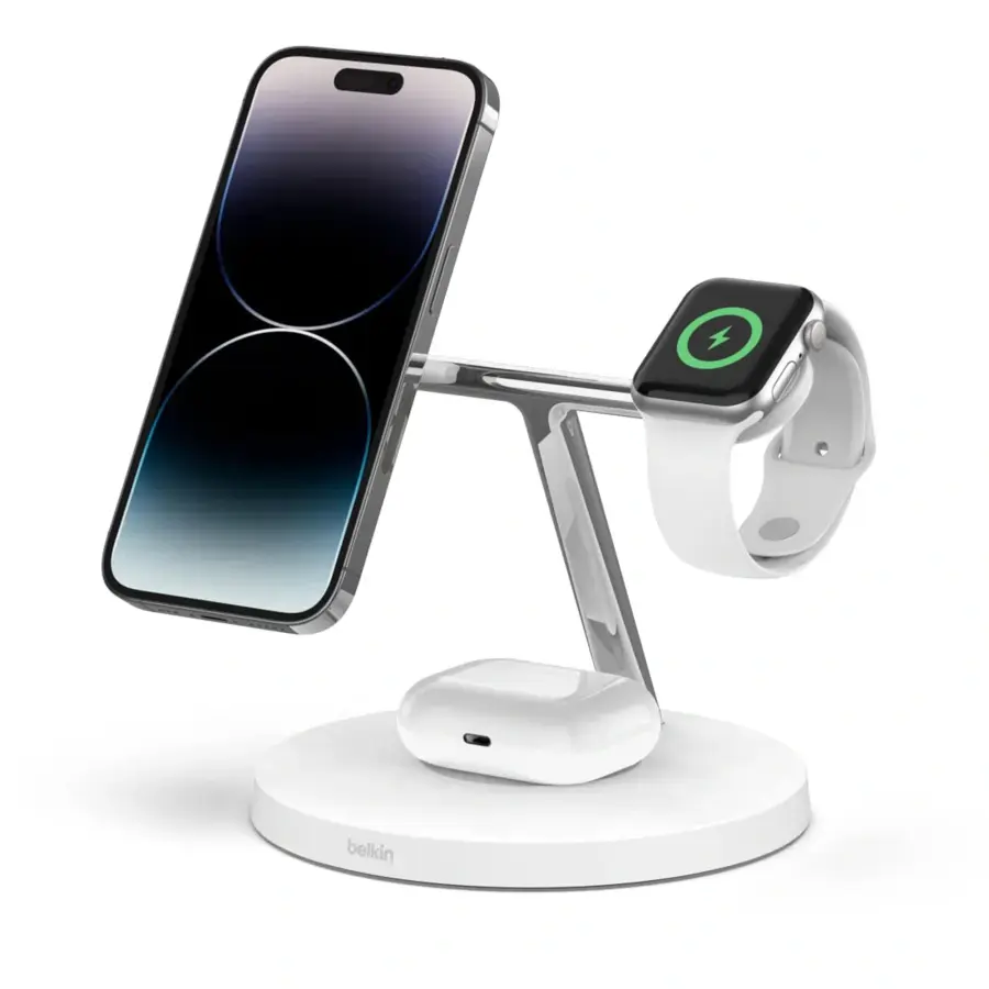 Бездротовий зарядний пристрій Belkin BoostCharge Pro 3-in-1 Wireless Charger with MagSafe - White (HPGA2, WIZ009ttWH-APL)