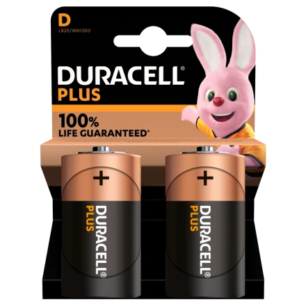 Лужні батарейки Duracell Plus D Alkaline Batteries +100% LIFE GUARANTEED [Pack of 2] 1,5V LR20/MN1300 (5000394141988)