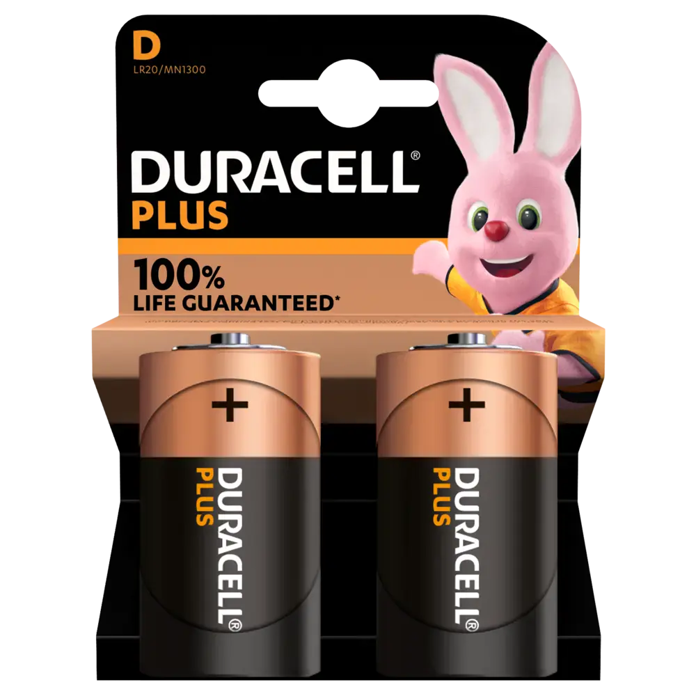 Лужні батарейки Duracell Plus D Alkaline Batteries +100% LIFE GUARANTEED [Pack of 2] 1,5V LR20/MN1300 (5000394141988)