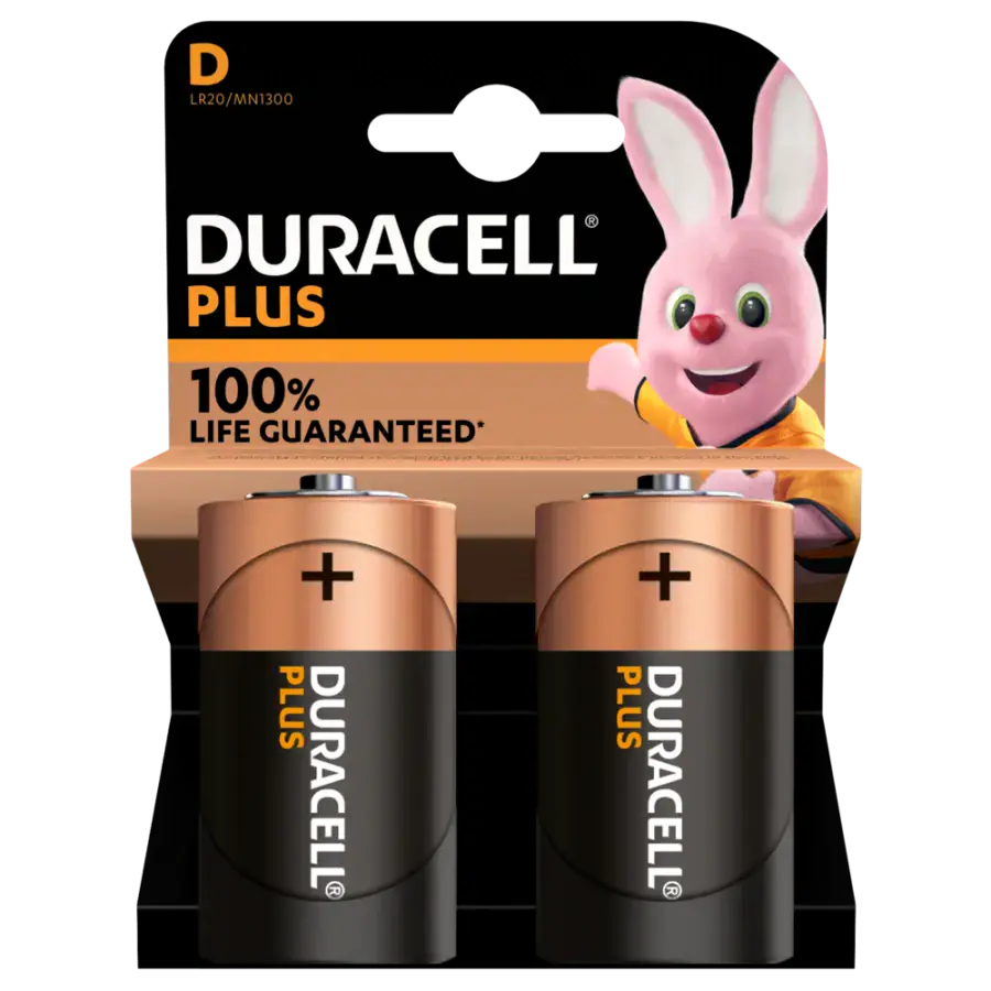 Лужні батарейки Duracell Plus D Alkaline Batteries +100% LIFE GUARANTEED [Pack of 2] 1,5V LR20/MN1300 (5000394141988)
