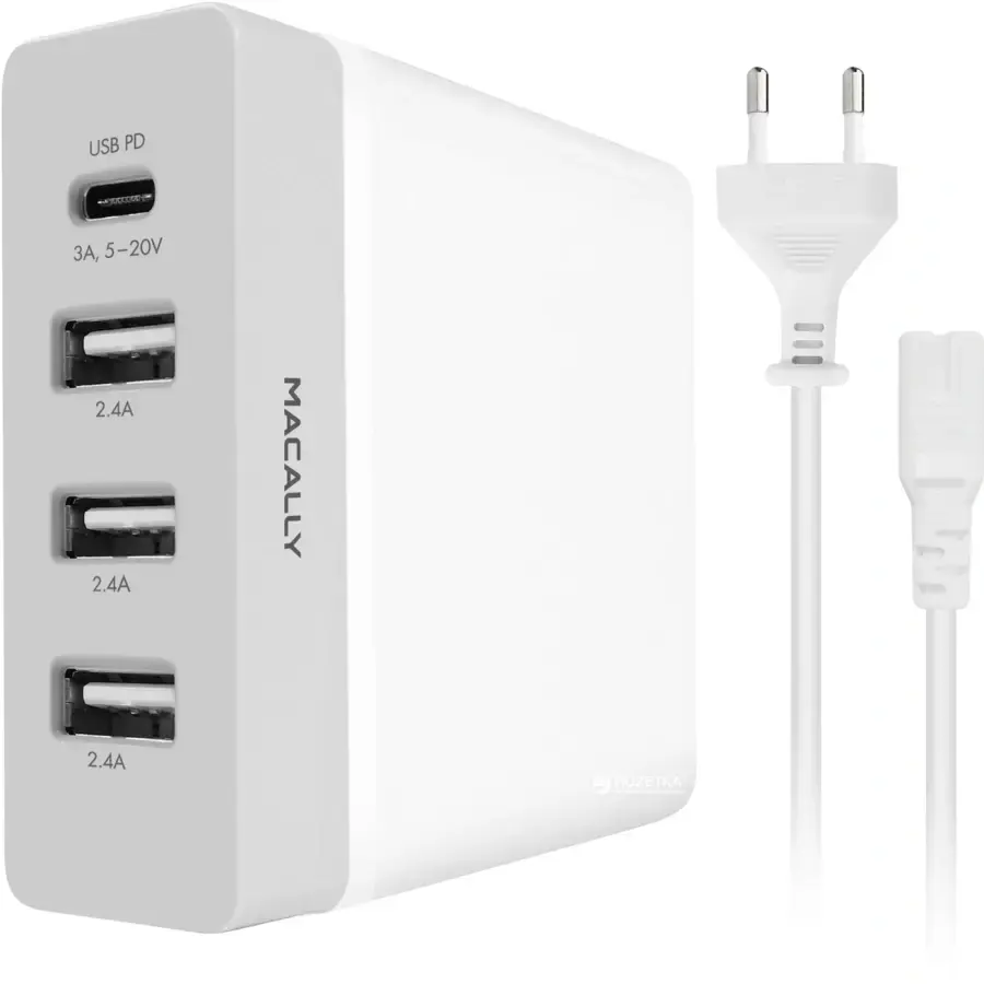 Мережевий зарядний пристрій Macally з USB-C портом та трьома USB-А портами - White (HOME72UC-EU)
