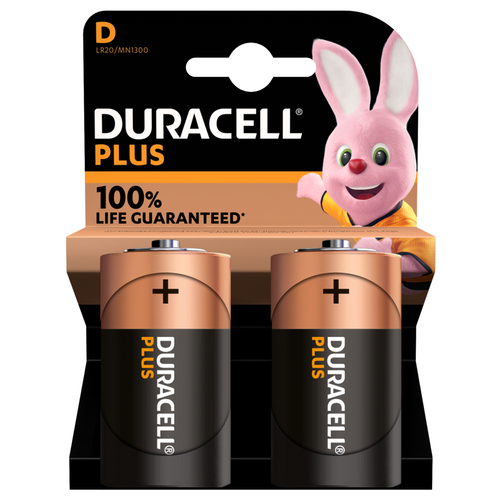 Щелочные батарейки Duracell Plus D Alkaline Batteries +100% LIFE GUARANTEED [Pack of 2] 1,5V LR20/MN1300 (5000394141988)