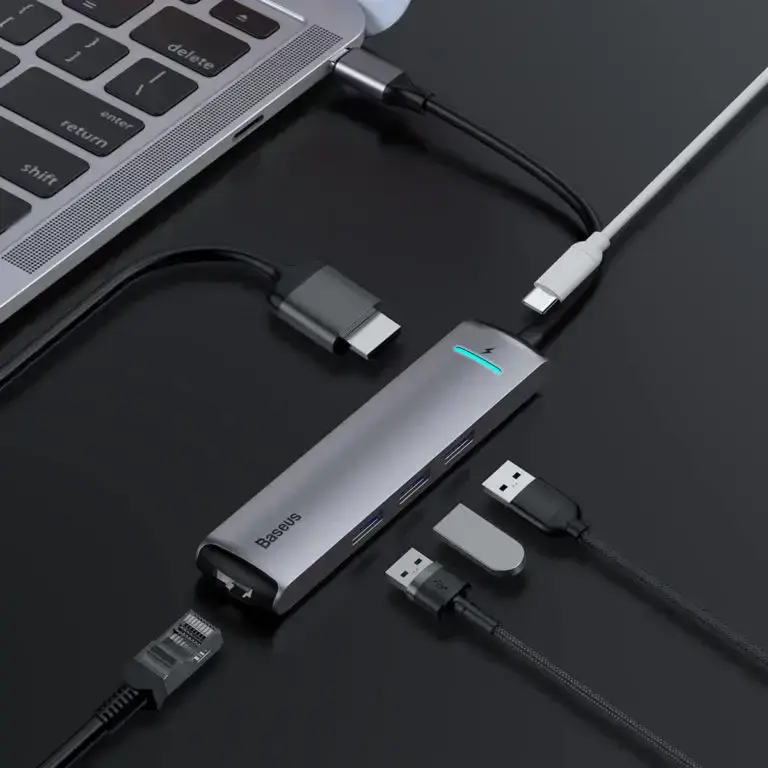 Мультипортовий адаптер Baseus Mechanical Eye 6-in-1 Type-C to 3xUSB3.0+RJ-45+HDMI (CAHUB-J0G)