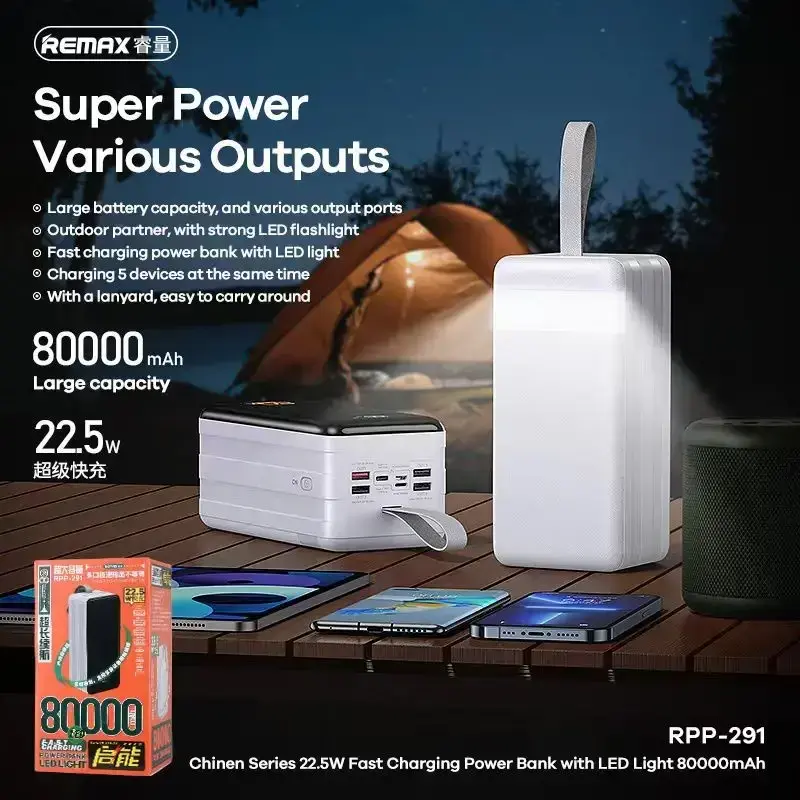 Зовнішній акумулятор REMAX Chinen Series PD+QC Multi-compatible Fast Charging Power Bank with LED Light 80000mAh 22.5W (RPP-291)