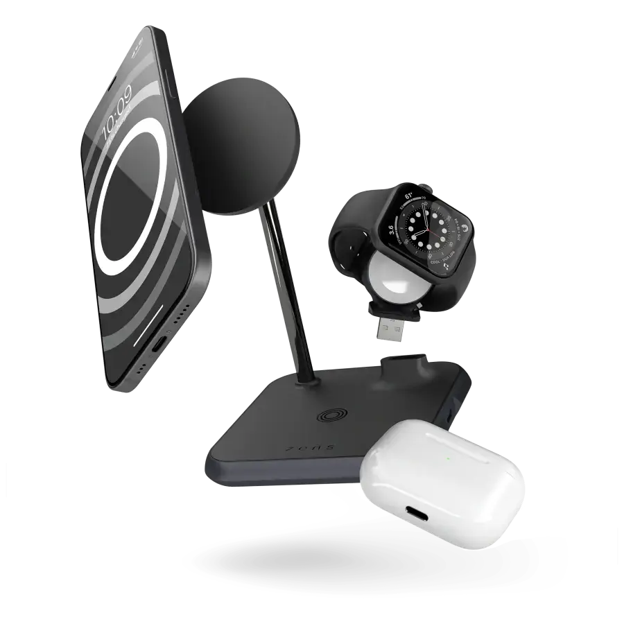 Магнітний бездротовий зарядний пристрій 4-в-1 Zens Magnetic + Watch Aluminium Wireless Charger Black (ZEDC20B/00)