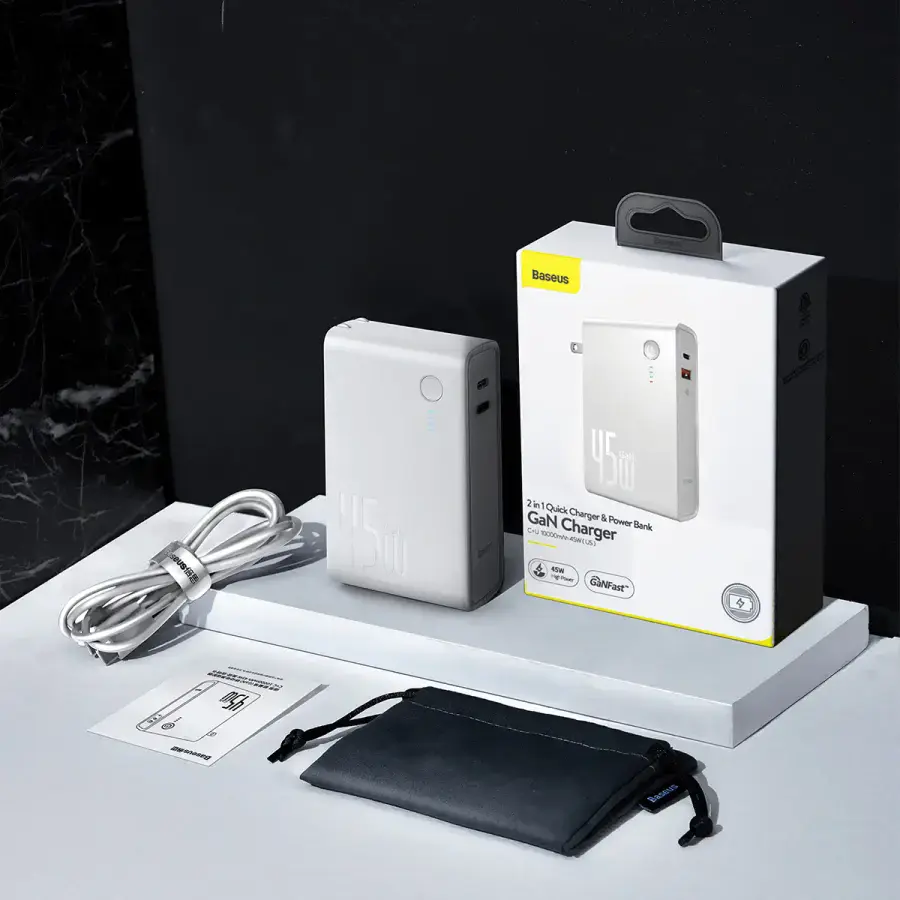 Мережевий зарядний пристрій та зовнішній акумулятор Baseus GaN Power Bank 10000mAh & Charger 45W White (PPNLD-F02)