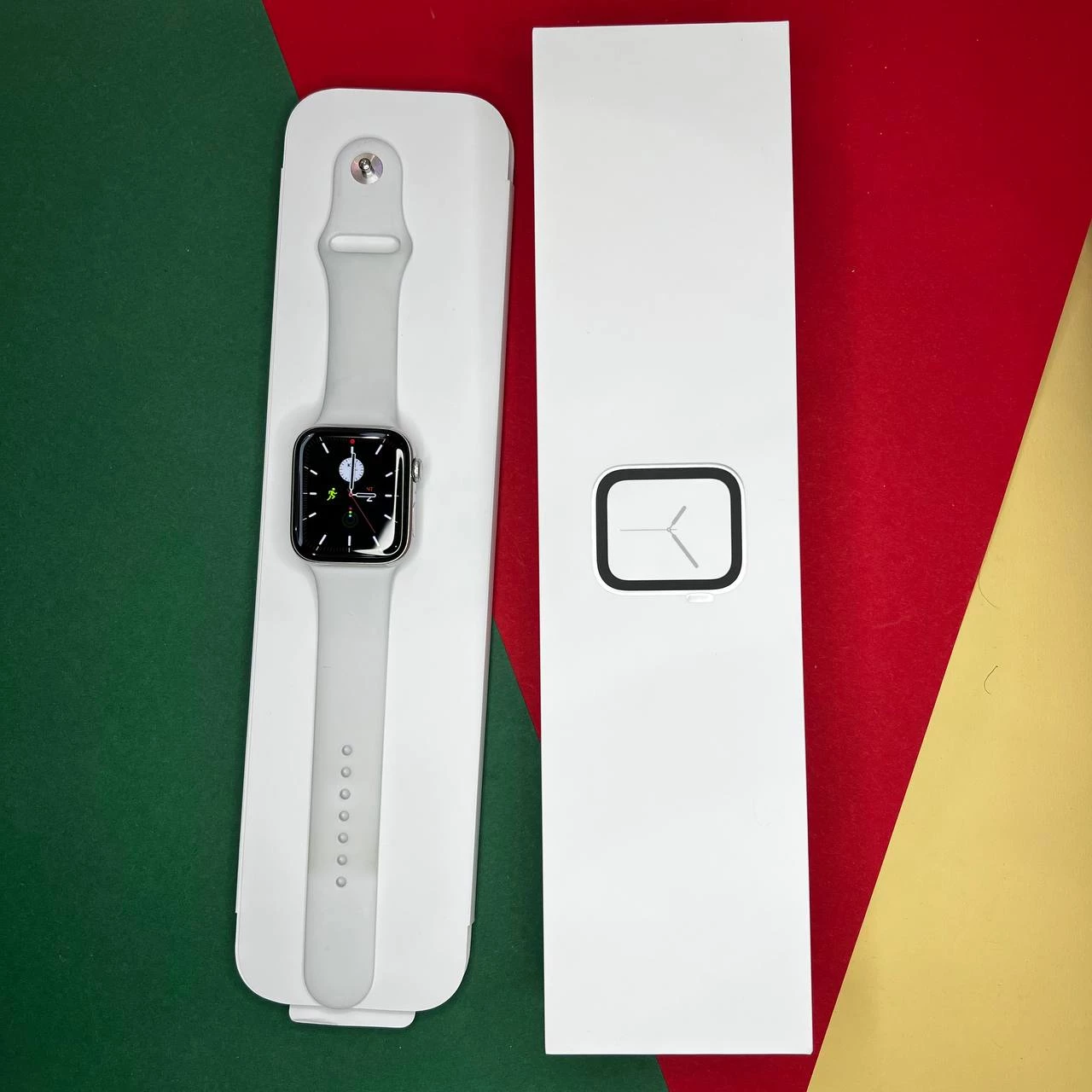 ⏰USED Apple Watch Series 4 (GPS + Cellular) 44mm Stainless Steel Case with White Sport Band (MTV22, MTX02),🔋91%(Состояние - 9/10, комплект полный, гарантия - 1 мес.)