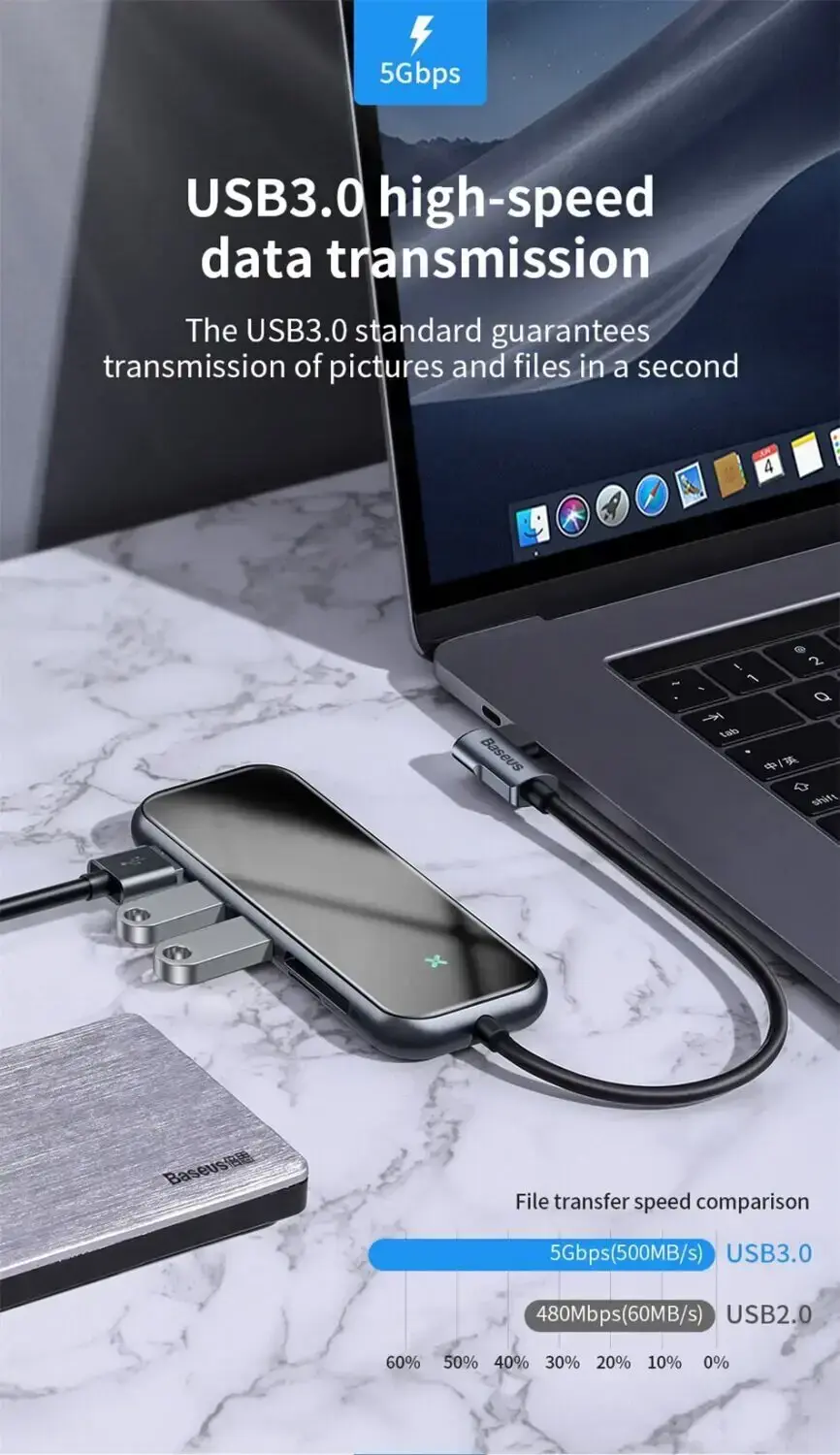 Baseus Mirror Series Multifunctional Hub (3 x USB 3.0, HDMI 4k, SD / Cardreader, PD) (CAHUB-CZ0G)