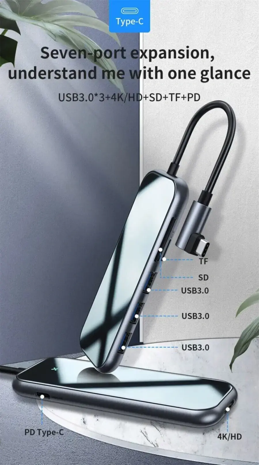 Baseus Mirror Series Multifunctional Hub (3 x USB 3.0, HDMI 4k, SD / Cardreader, PD) (CAHUB-CZ0G)