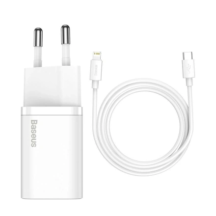 Сетевое зарядное устройство Baseus Super Si Quick Charger 1C 20W EU Sets with Type-C to Lightning Cable 1m - White (TZCCSUP-B02)