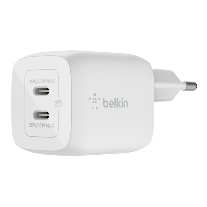 Мережевий зарядний пристрій Belkin BoostCharge Pro Dual USB-C GaN Wall Charger with PPS 45W (WCH011vfWH)