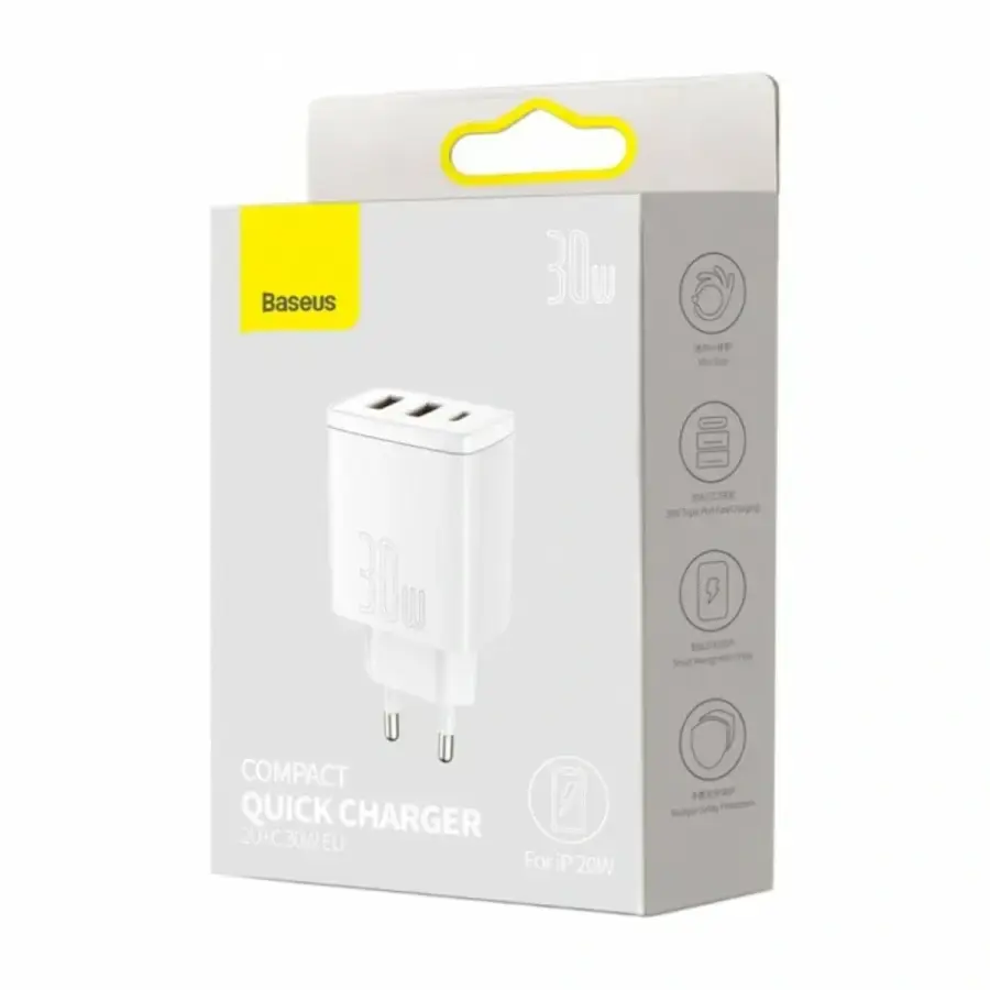 Мережевий зарядний пристрій Baseus Compact Quick Charger 2U+C 30W White (CCXJ-E02)