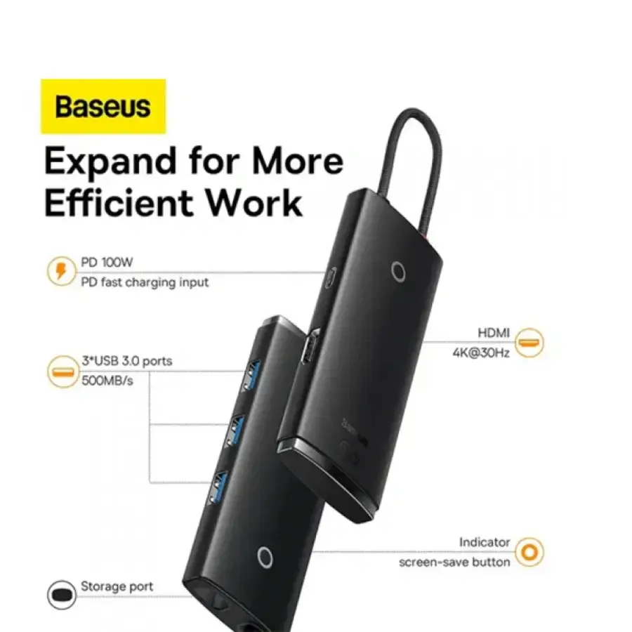 Мультипортовий адаптер Baseus Lite Series USB-C Hub 5-in-1 0.2m Black (WKQX040001)