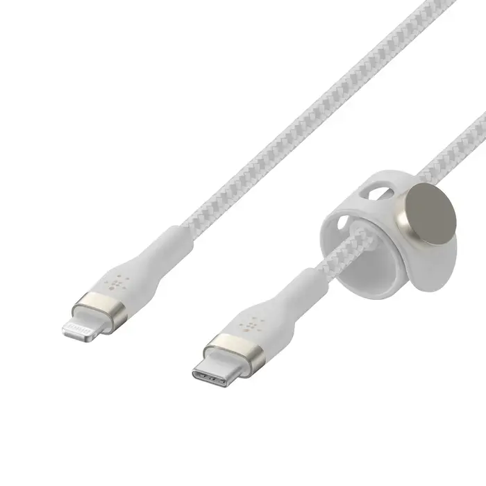 Кабель з ремінцем на магніті Belkin BoostCharge Pro Flex USB-C Cable with Lightning Connector 1m White (CAA011bt1MWH)