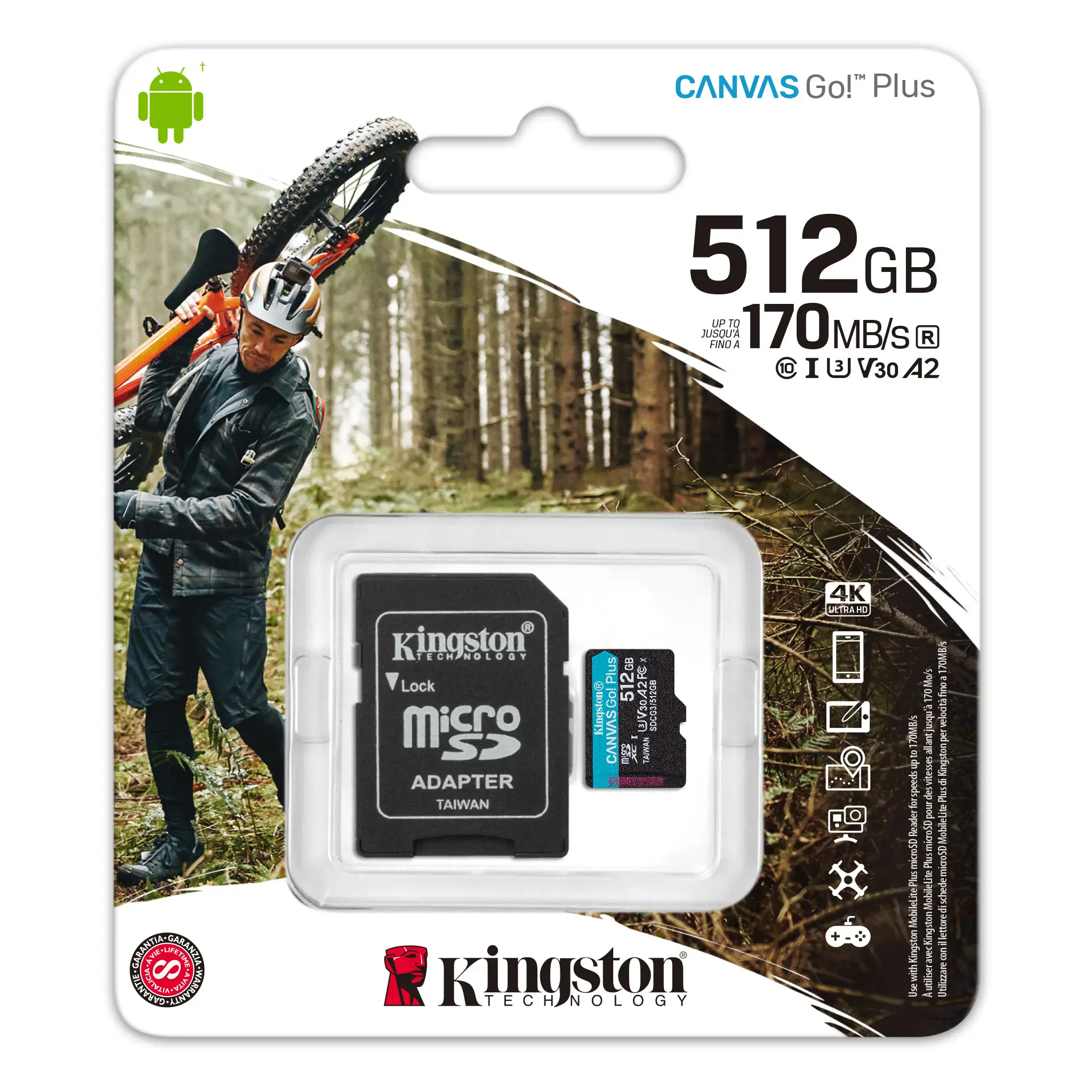 Карта памяти Kingston MicroSDXC 512Gb Canvas Go! Plus Class 10 UHS-I U3 V30 A2 + SD-адаптер (SDCG3/512GB)