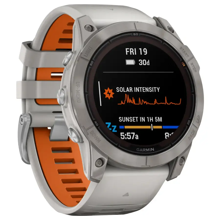 Смарт-годинник Garmin Fenix 7X Pro Sapphire Solar Edition | 51 мм Titanium with Fog Gray/Ember Orange Band (010-02778-15)