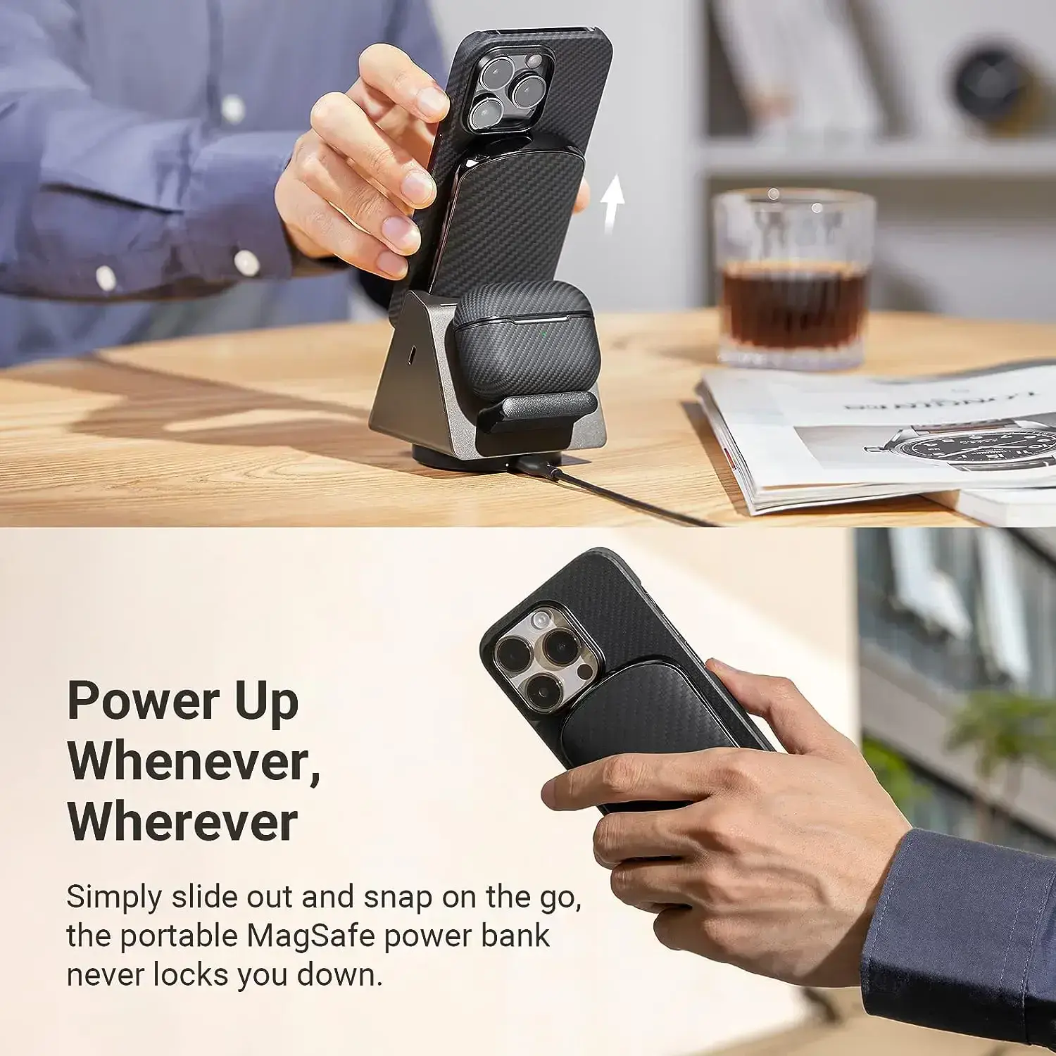 Бездротовий зарядний пристрій 2-в-1 Pitaka MagEZ Slider 2 with Portable Magsafe Battery Pack - Twill Black/Grey (SL2301)