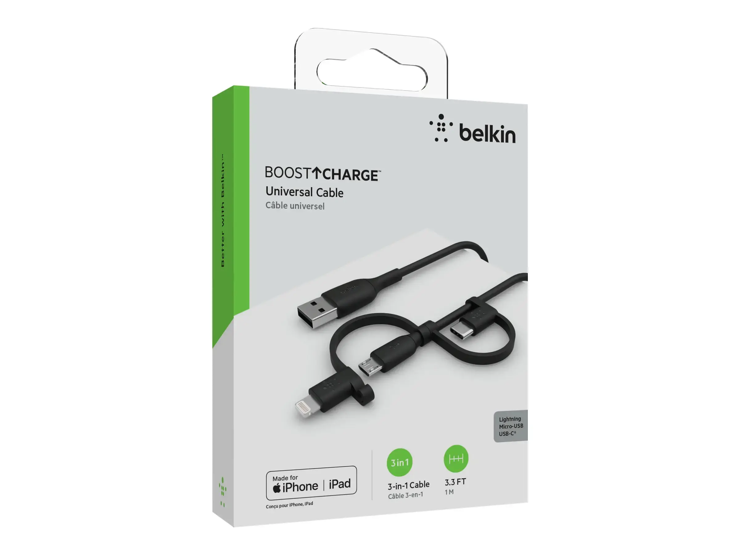 Універсальний кабель Belkin BoostCharge Universal Cable 1.0m USB-A cable with USB-C, Micro-USB and Lightning connectors - Black (CAC001BT1MBK)