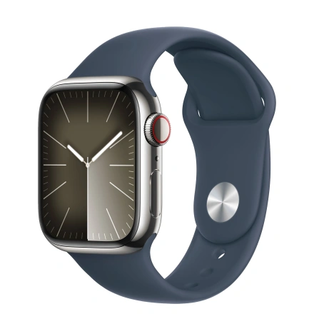 Apple Watch Series 9 GPS + Cellular 41mm Silver Stainless Steel Case with Storm Blue Sport Band - S/M (MRJ23)
