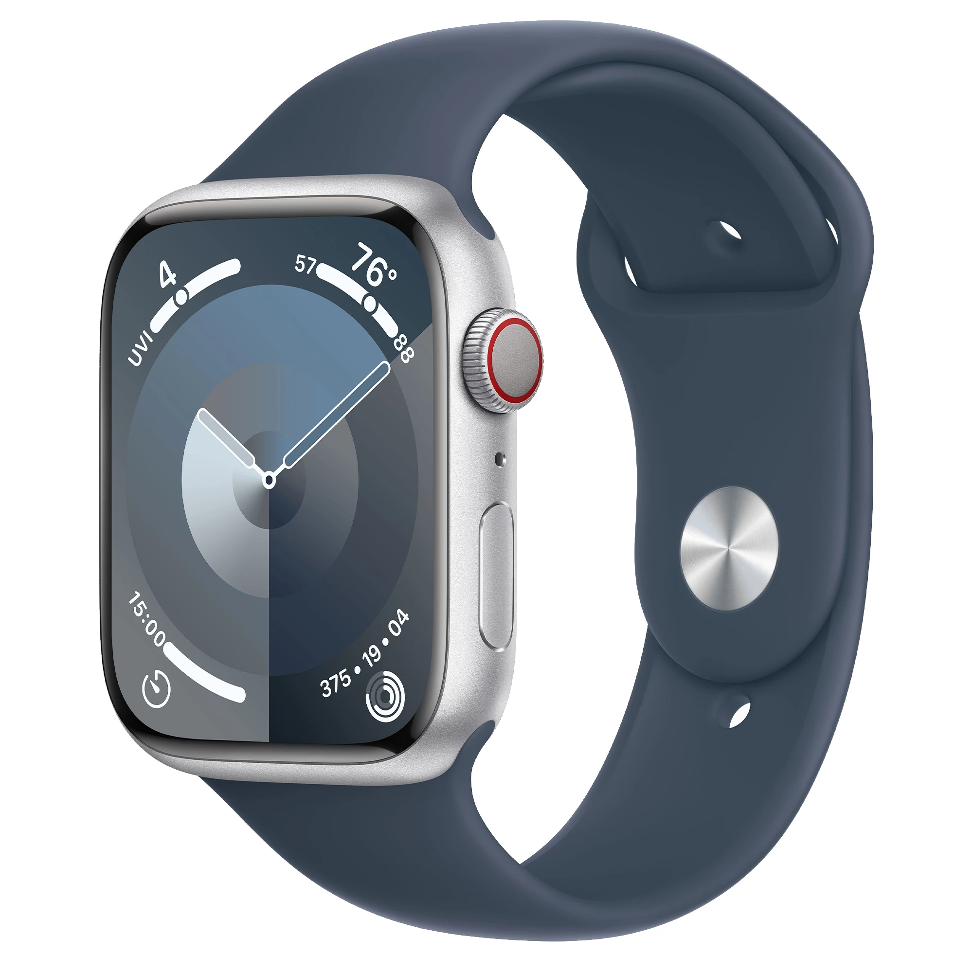 Apple Watch Series 9 GPS + Cellular 45mm Silver Aluminum Case with Storm Blue Sport Band - M/L (MRMH3)