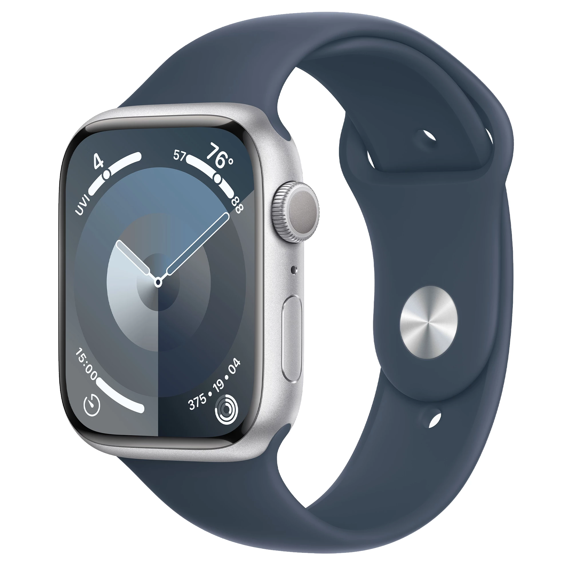 Apple Watch Series 9 GPS 45mm Silver Aluminum Case with Storm Blue Sport Band - M/L (MR9E3)