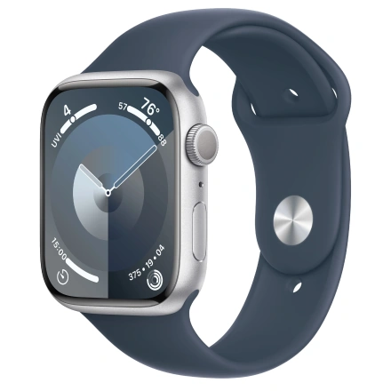 Apple Watch Series 9 GPS 45mm Silver Aluminum Case with Storm Blue Sport Band - S/M (MR9D3)