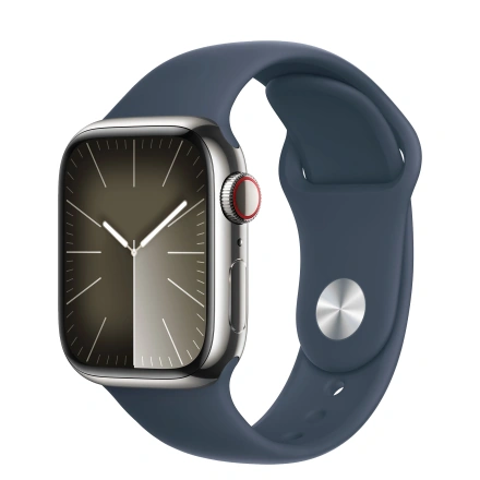 Apple Watch Series 9 GPS + Cellular 45mm Silver Stainless Steel Case with Storm Blue Sport Band - S/M (MRMN3)