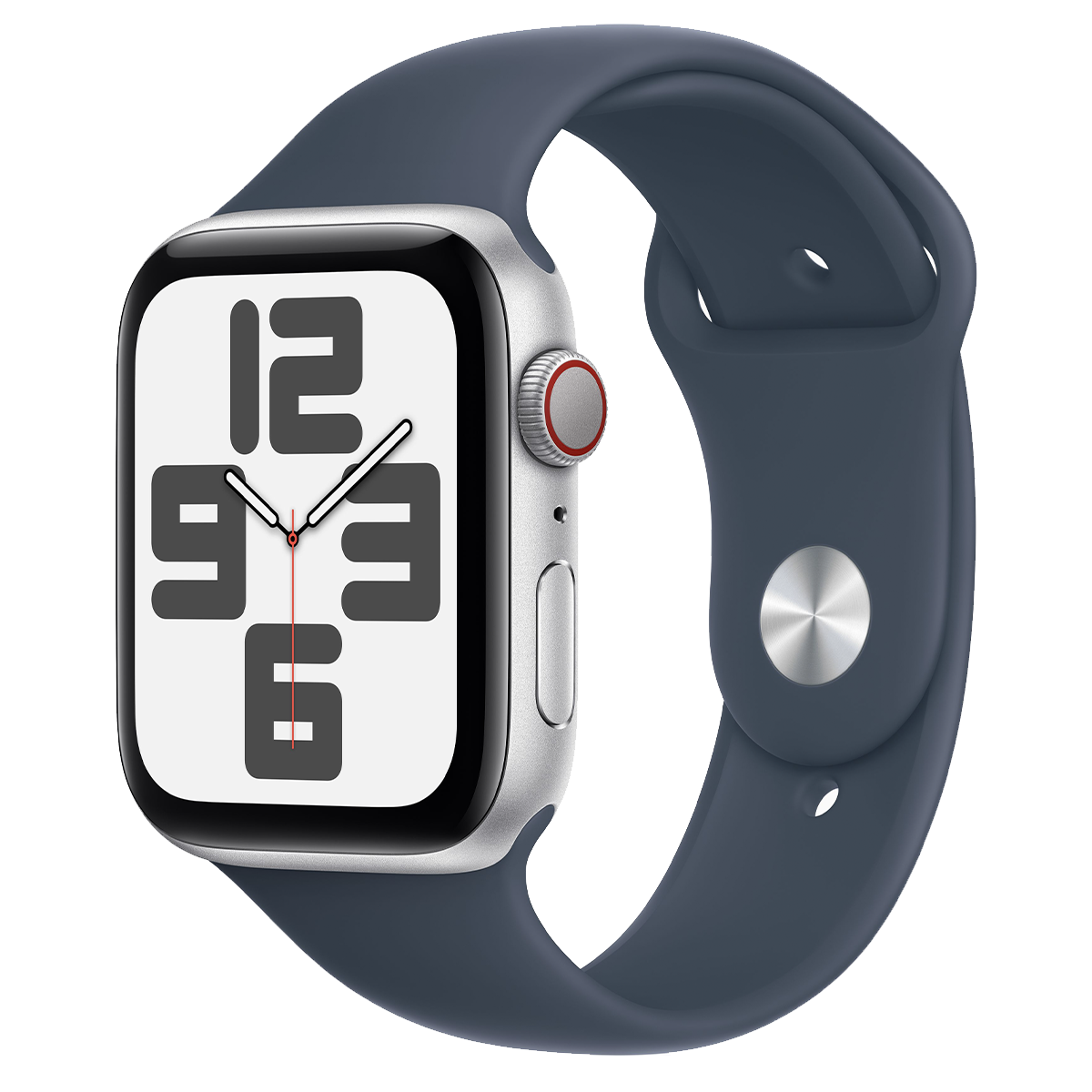 Apple Watch SE 2 2023 GPS + Cellular 44mm Silver Aluminum Case with Storm Blue Sport Band - M/L (MRHH3)