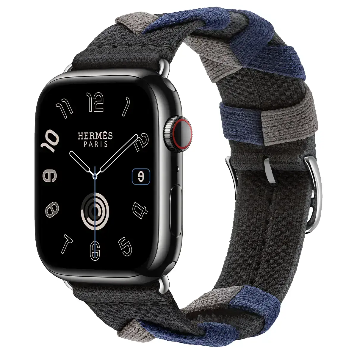 Apple Watch Hermès Series 9 GPS + Cellular 45mm Space Black Stainless Steel Case with Noir Bridon Single Tour (MRQQ3+MTHQ3)