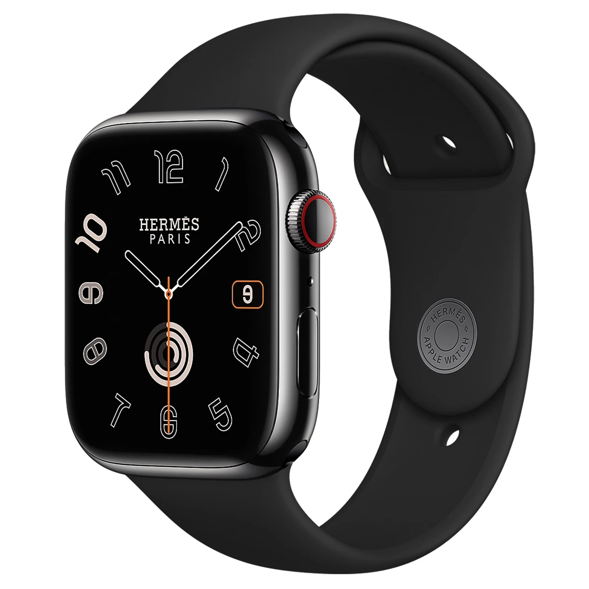 Apple Watch Hermes Series 9 GPS Cellular 45mm Space Black Stainless Steel Case with Noir Gold Twill Jump Single Tour MRQQ3 MTHH3