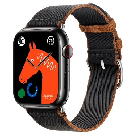 Apple Watch Hermes Series 9 GPS Cellular 45mm Space Black Stainless Steel Case with Noir Gold Twill Jump Single Tour MRQQ3 MTHH3 NewTime