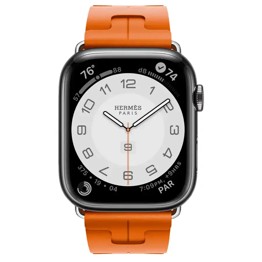 Apple Watch Hermès Series 9 GPS + Cellular 45mm Space Black Stainless Steel Case with Orange Kilim Single Tour (MRQQ3+MTJ03)