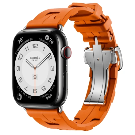 Apple Watch Hermes Series 9 GPS Cellular 45mm Space Black Stainless Steel Case with Orange Kilim Single Tour MRQQ3 MTJ03 NewTime