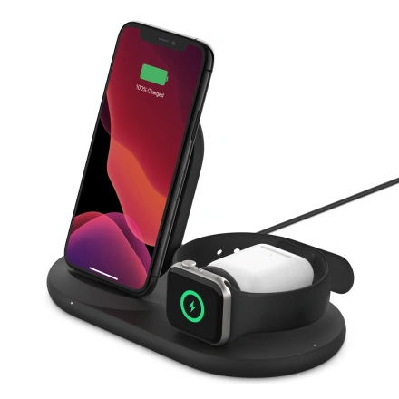 Беспроводное зарядное устройство Belkin BoostCharge 3-in-1 Wireless Charger for Apple Devices - Black (WIZ001vfBK)