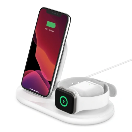 Беспроводное зарядное устройство Belkin BoostCharge 3-in-1 Wireless Charger for Apple Devices - White (WIZ001vfWH)