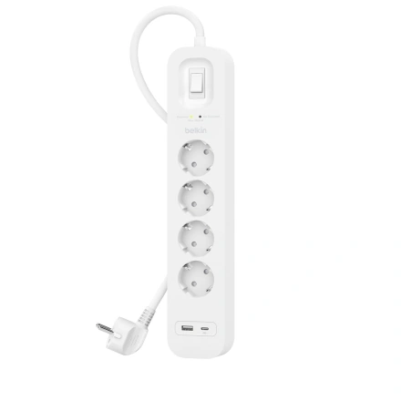 Сетевой фильтр-удлинитель Belkin 4-Outlet Surge Protector 2m, 4 розетки, 1xUSB-А, 1xUSB-C (SRB001vf2M)