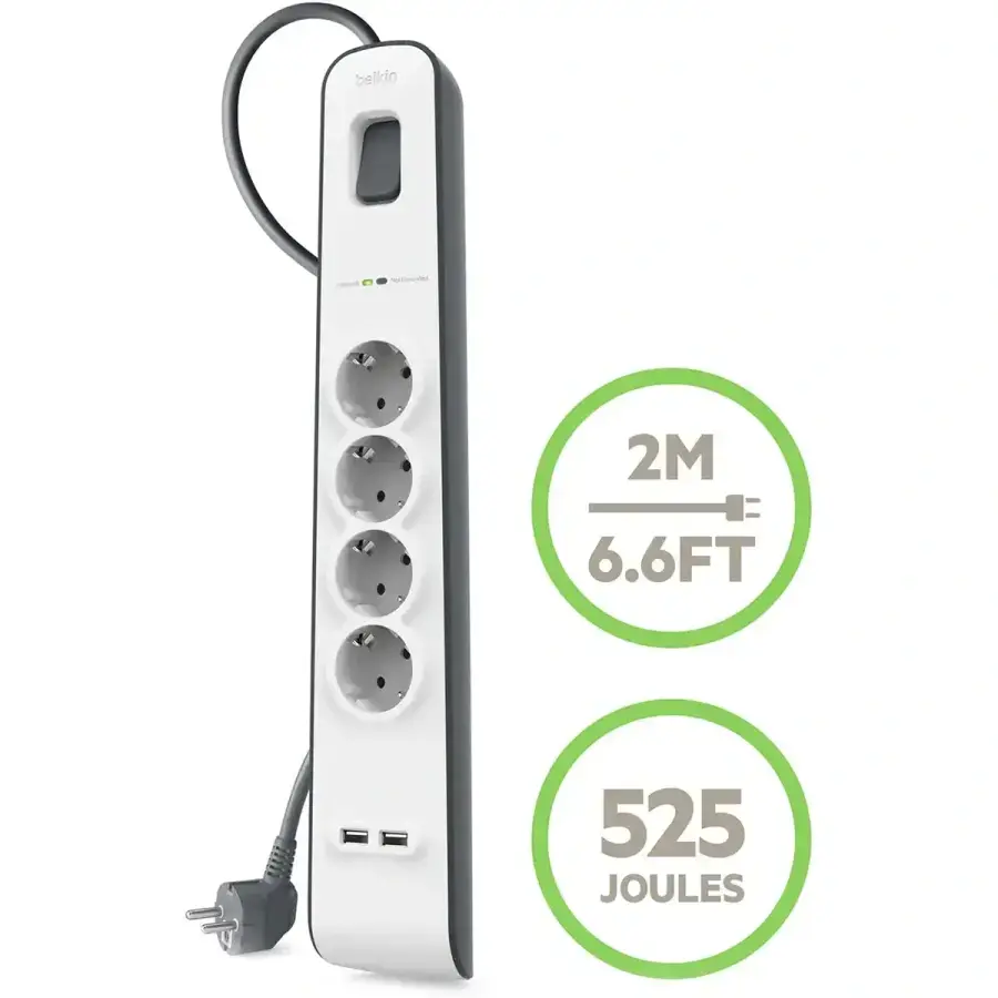Мережевий фільтр-подовжувач Belkin 4-Outlet Surge Protector 2m, 4 розетки, 2xUSB 2.4A (BSV401vf2M)