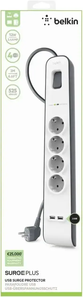 Мережевий фільтр-подовжувач Belkin 4-Outlet Surge Protector 2m, 4 розетки, 2xUSB 2.4A (BSV401vf2M)