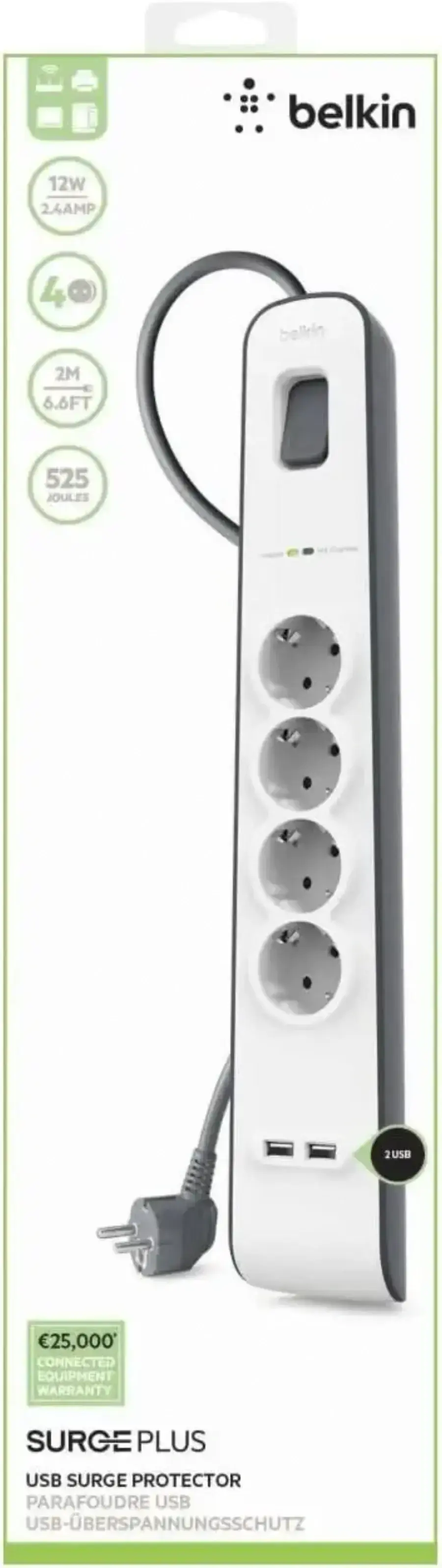 Мережевий фільтр-подовжувач Belkin 4-Outlet Surge Protector 2m, 4 розетки, 2xUSB 2.4A (BSV401vf2M)
