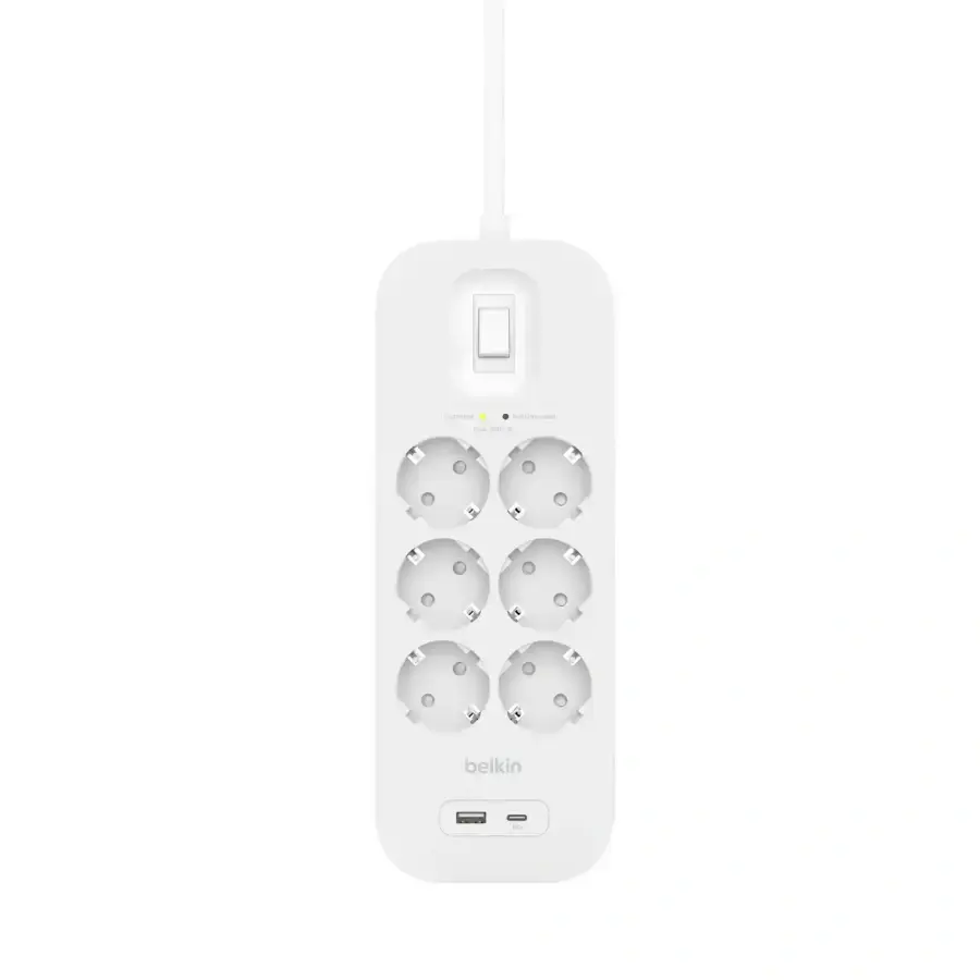 Мережевий фільтр-подовжувач Belkin 6-Outlet Surge Protector 2m, 6 розеток, 1xUSB-А, 1xUSB-C (SRB002vf2M)