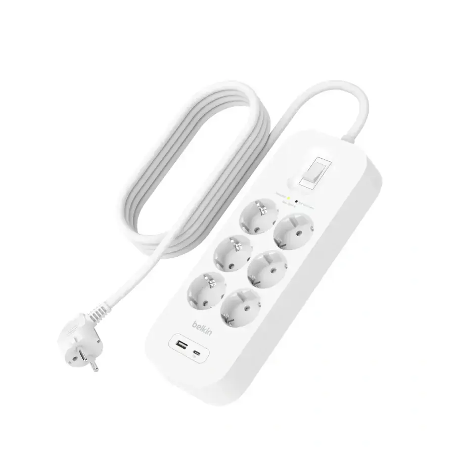 Мережевий фільтр-подовжувач Belkin 6-Outlet Surge Protector 2m, 6 розеток, 1xUSB-А, 1xUSB-C (SRB002vf2M)