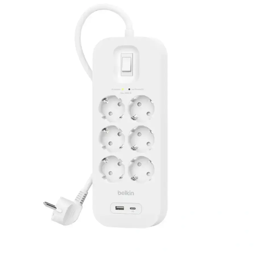 Мережевий фільтр-подовжувач Belkin 6-Outlet Surge Protector 2m, 6 розеток, 1xUSB-А, 1xUSB-C (SRB002vf2M)